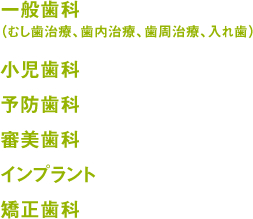 一般歯科、小児歯科、予防歯科、審美歯科、インプラント、矯正歯科